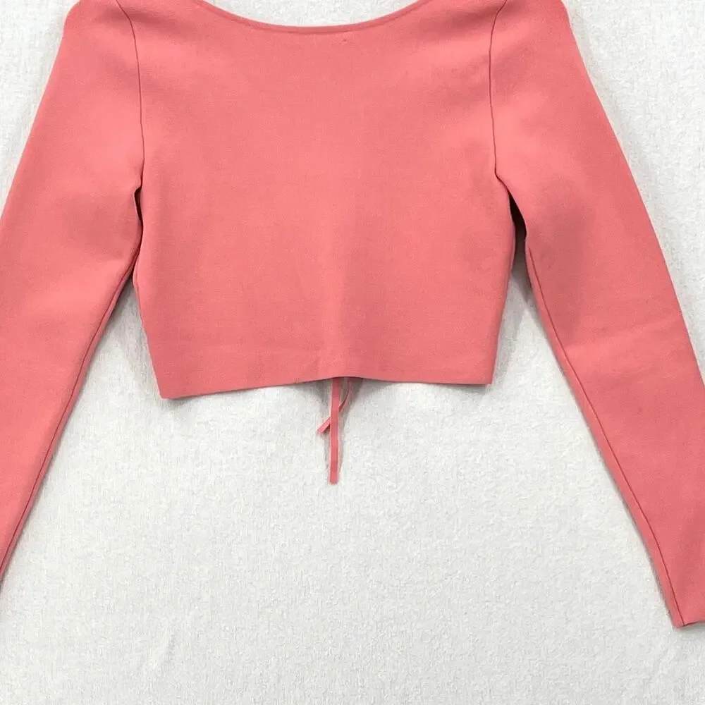 ALICE AND OLIVIA Sharee Top Womens Medium Pink Tie Knit Crop V Neck Long Sleeve